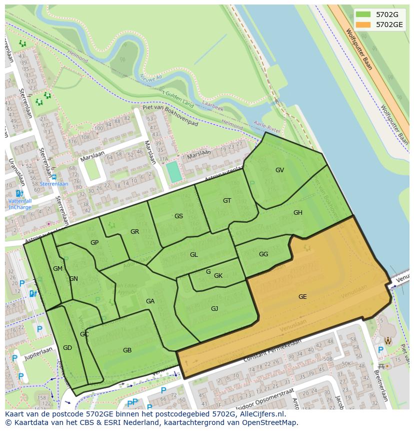 Afbeelding van het postcodegebied 5702 GE op de kaart.