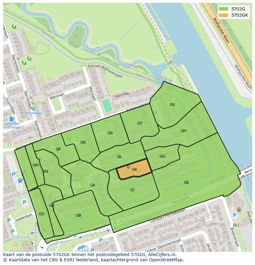 Afbeelding van het postcodegebied 5702 GK op de kaart.
