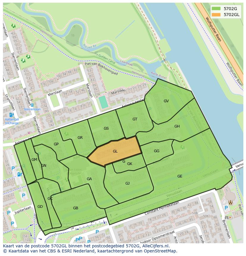Afbeelding van het postcodegebied 5702 GL op de kaart.