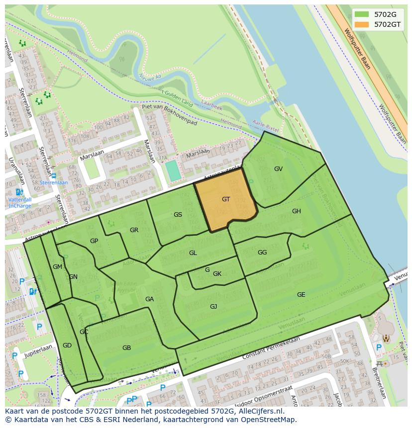 Afbeelding van het postcodegebied 5702 GT op de kaart.