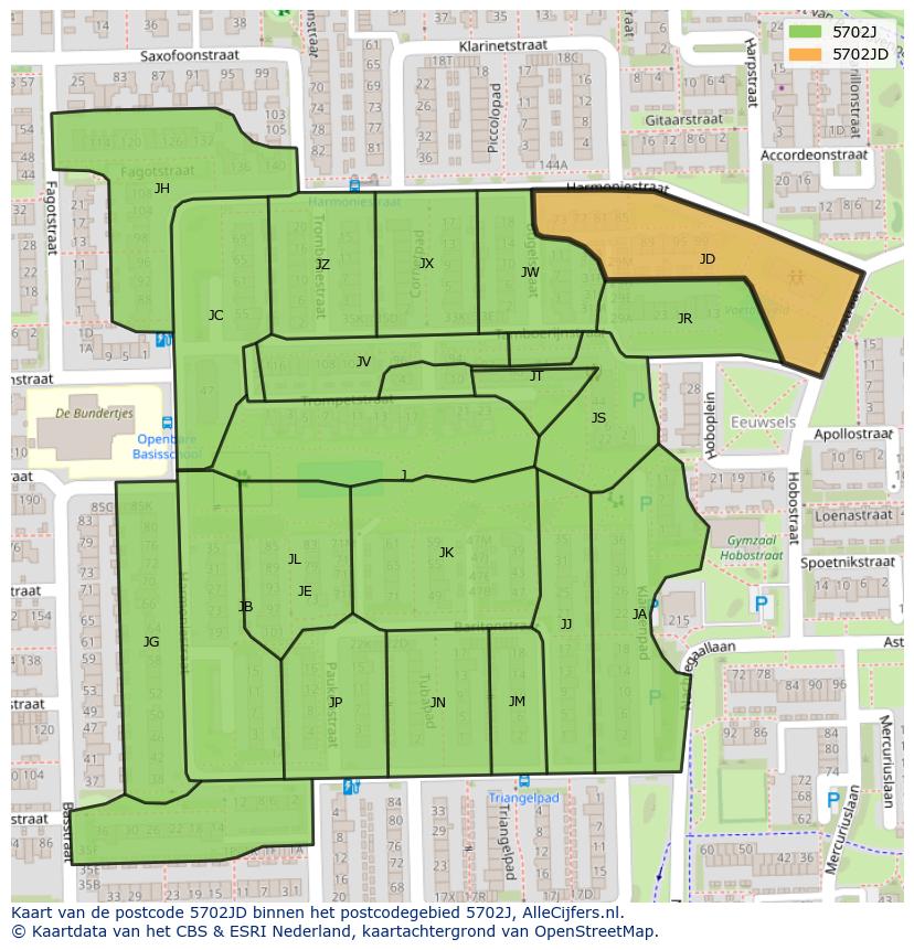 Afbeelding van het postcodegebied 5702 JD op de kaart.