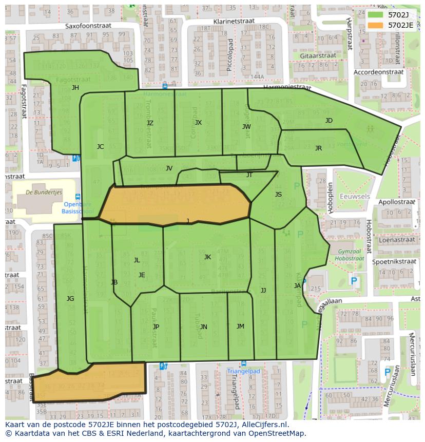 Afbeelding van het postcodegebied 5702 JE op de kaart.