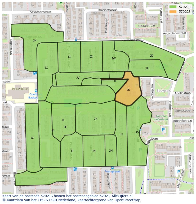 Afbeelding van het postcodegebied 5702 JS op de kaart.