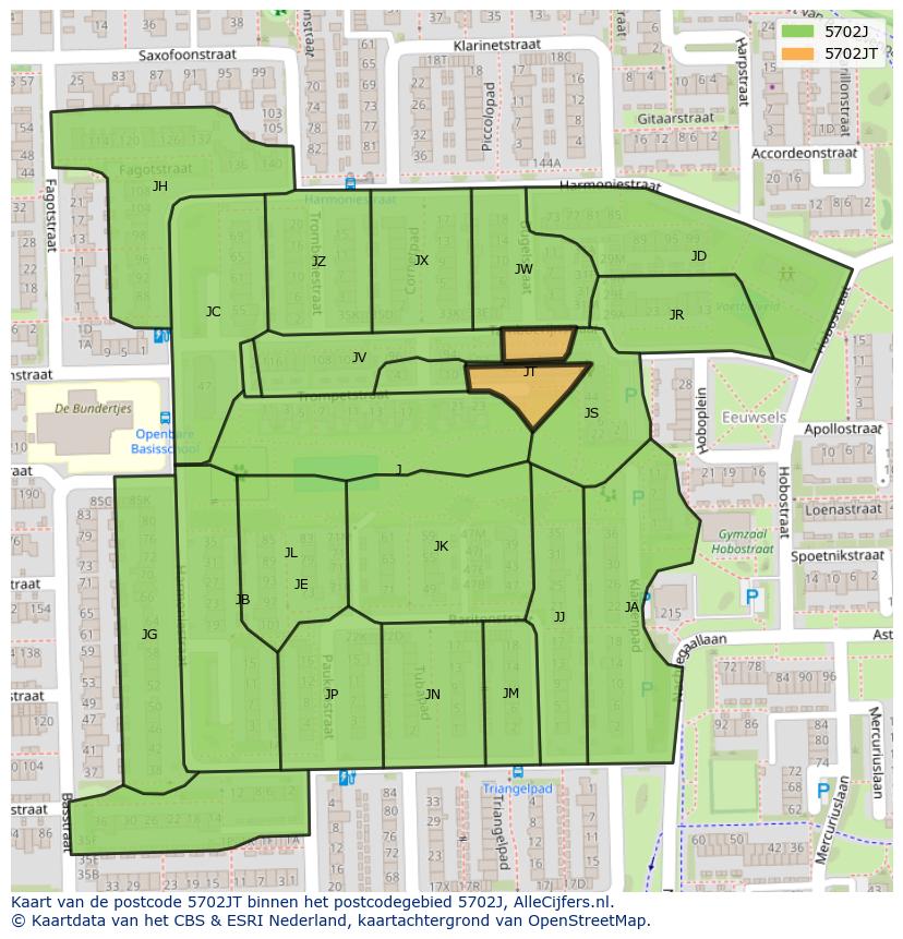 Afbeelding van het postcodegebied 5702 JT op de kaart.