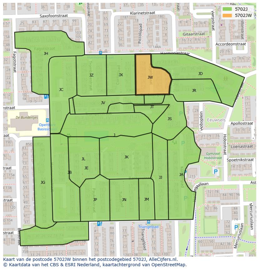 Afbeelding van het postcodegebied 5702 JW op de kaart.