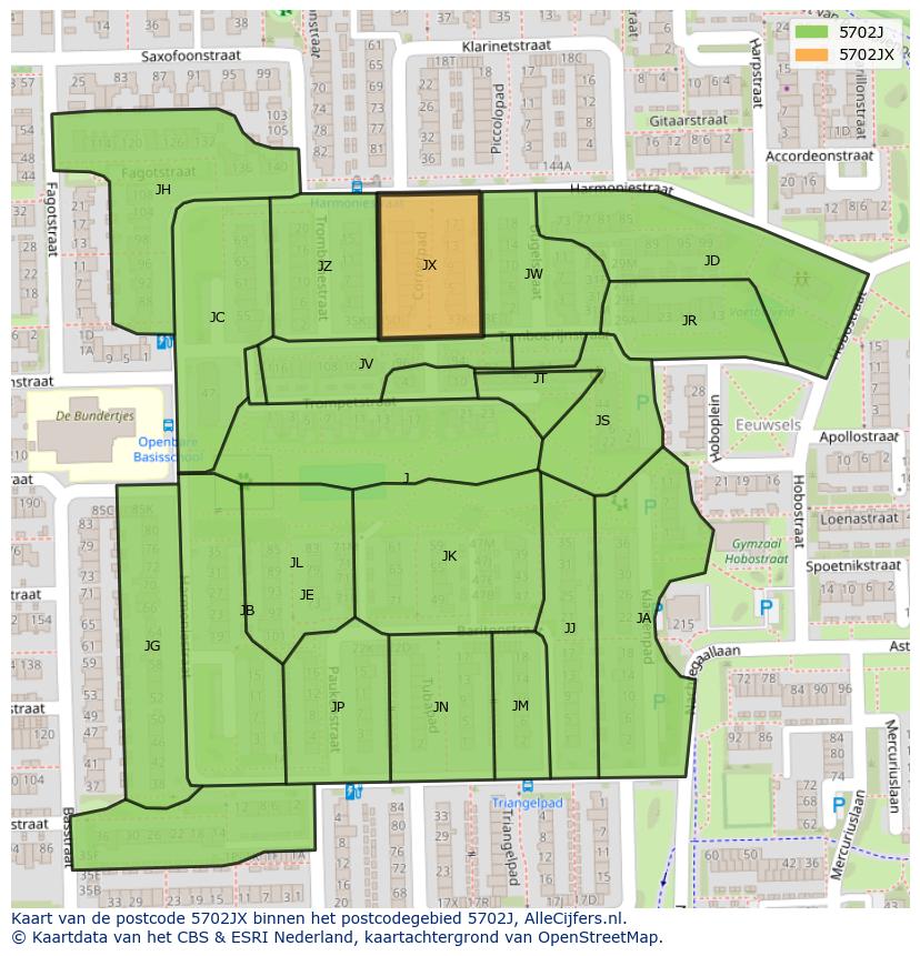 Afbeelding van het postcodegebied 5702 JX op de kaart.