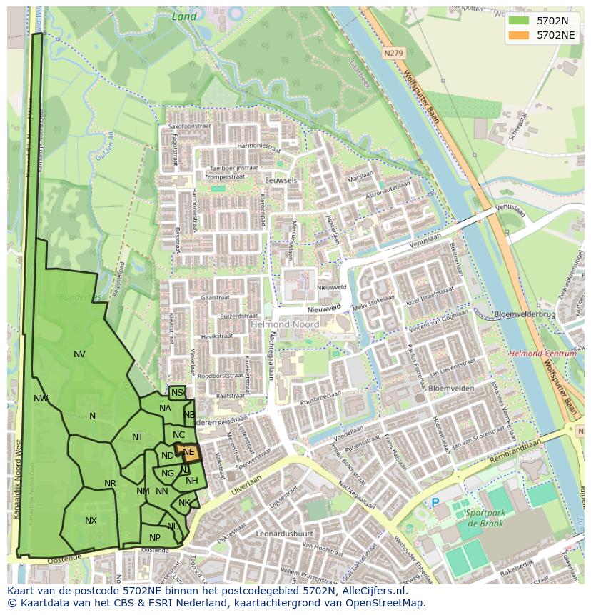 Afbeelding van het postcodegebied 5702 NE op de kaart.