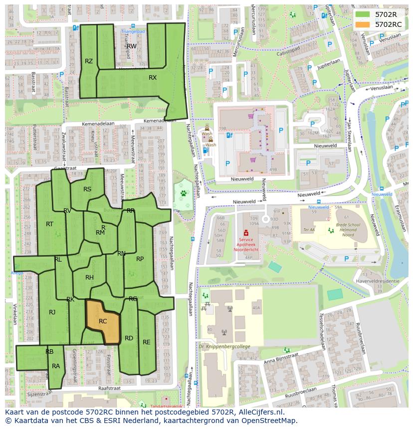 Afbeelding van het postcodegebied 5702 RC op de kaart.