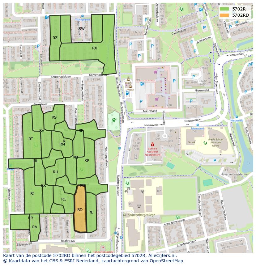 Afbeelding van het postcodegebied 5702 RD op de kaart.