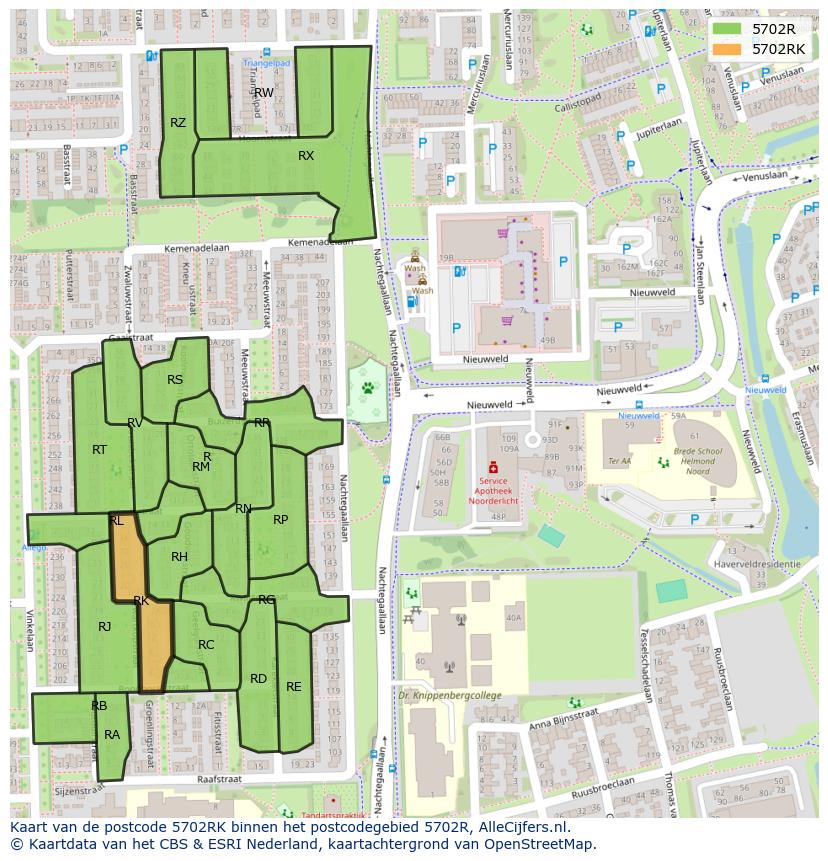 Afbeelding van het postcodegebied 5702 RK op de kaart.