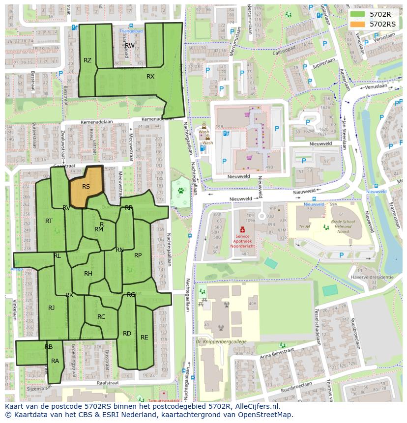 Afbeelding van het postcodegebied 5702 RS op de kaart.