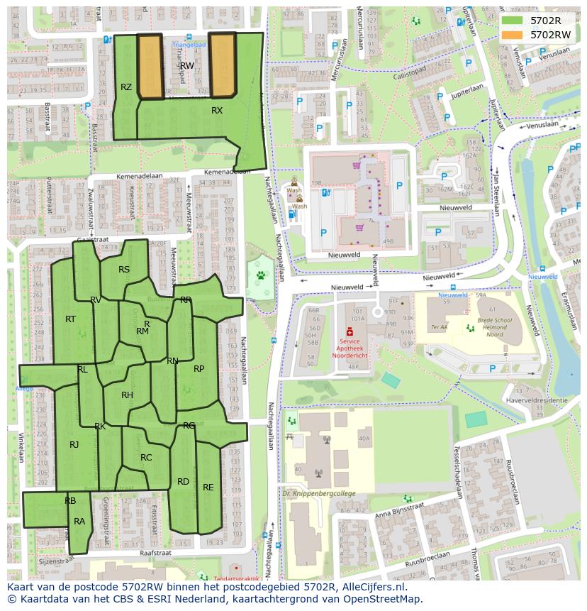 Afbeelding van het postcodegebied 5702 RW op de kaart.