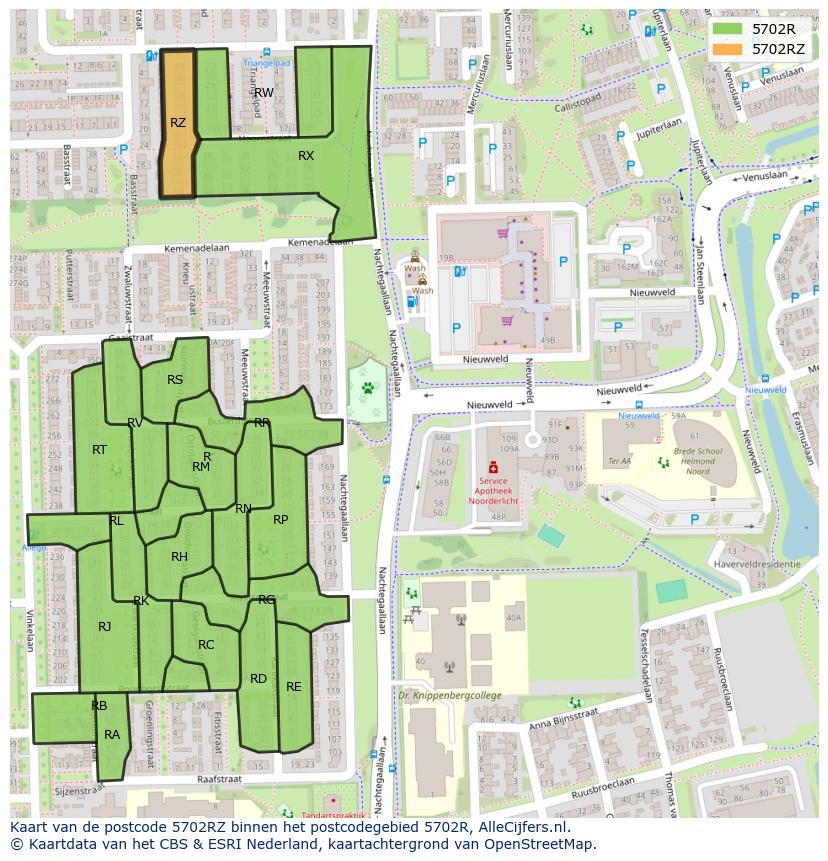 Afbeelding van het postcodegebied 5702 RZ op de kaart.