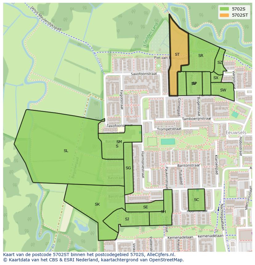 Afbeelding van het postcodegebied 5702 ST op de kaart.