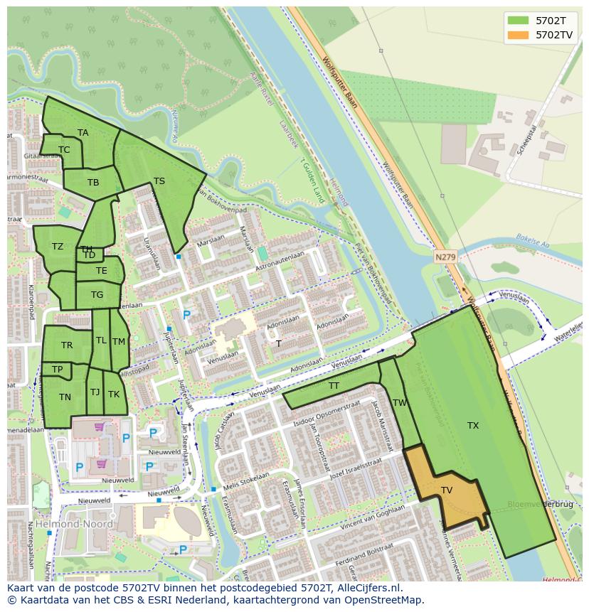 Afbeelding van het postcodegebied 5702 TV op de kaart.