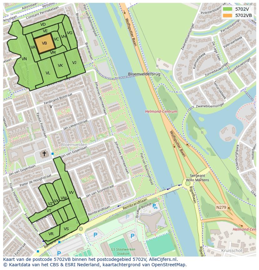 Afbeelding van het postcodegebied 5702 VB op de kaart.