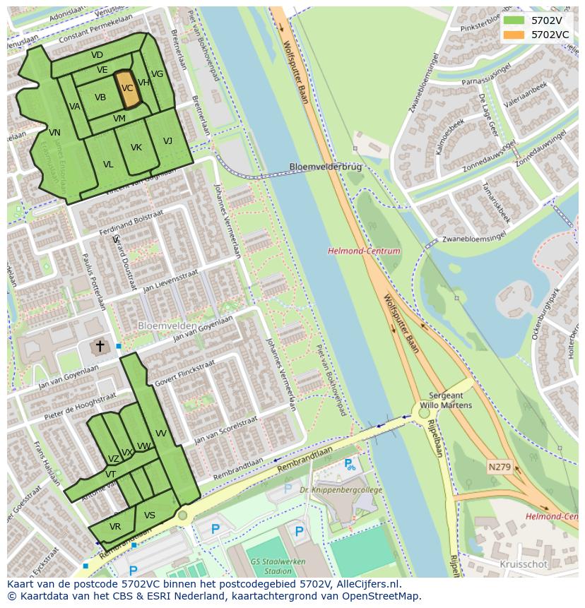 Afbeelding van het postcodegebied 5702 VC op de kaart.