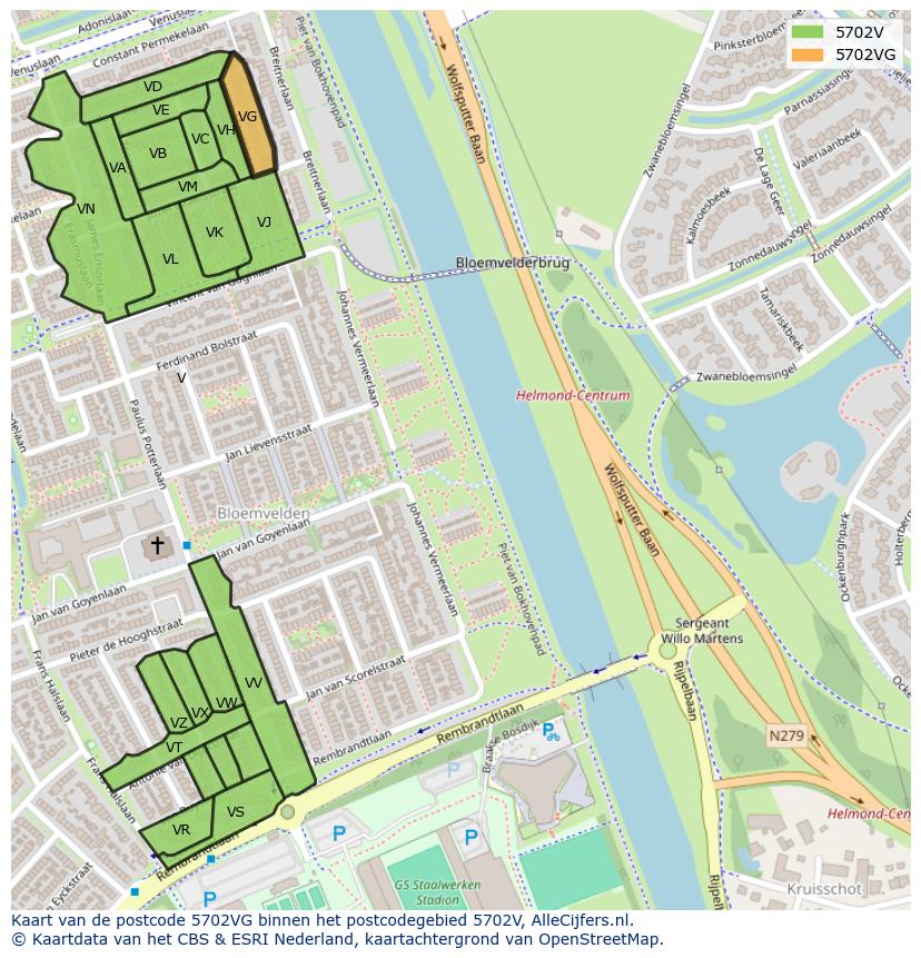 Afbeelding van het postcodegebied 5702 VG op de kaart.
