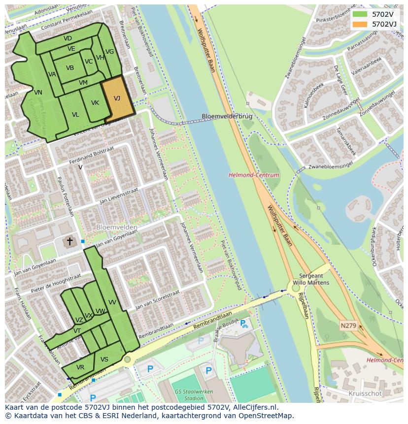 Afbeelding van het postcodegebied 5702 VJ op de kaart.