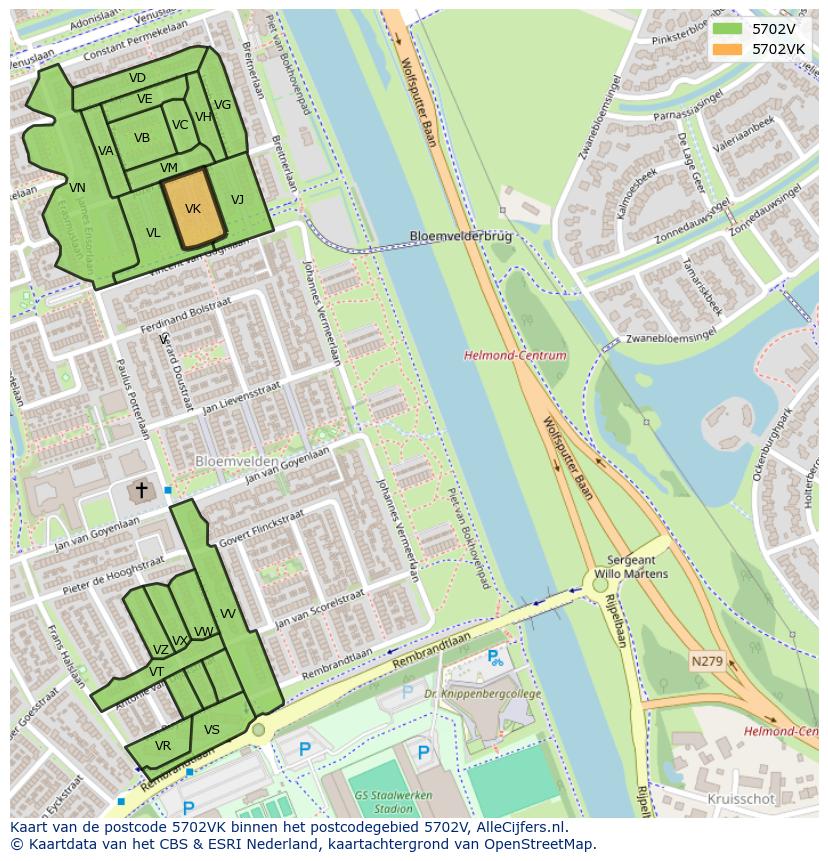 Afbeelding van het postcodegebied 5702 VK op de kaart.