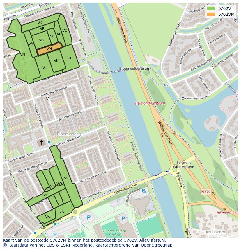 Afbeelding van het postcodegebied 5702 VM op de kaart.