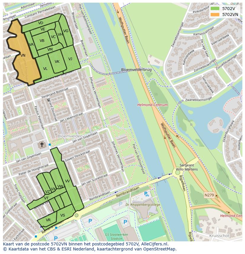 Afbeelding van het postcodegebied 5702 VN op de kaart.