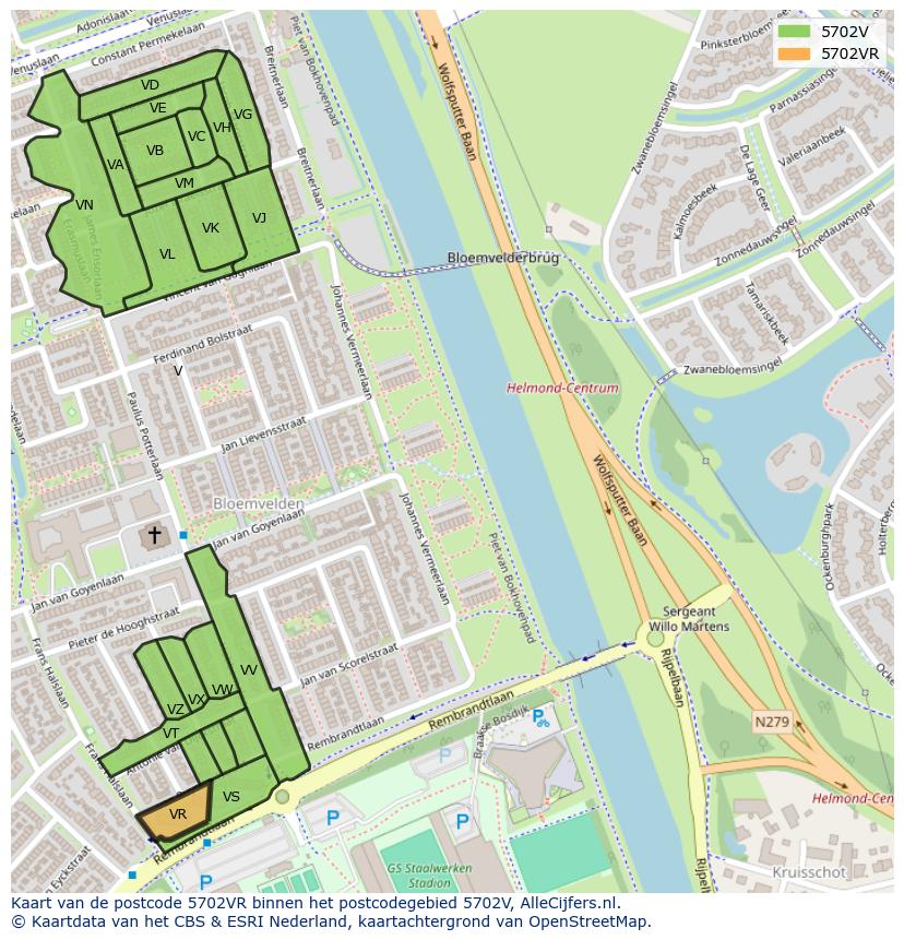 Afbeelding van het postcodegebied 5702 VR op de kaart.
