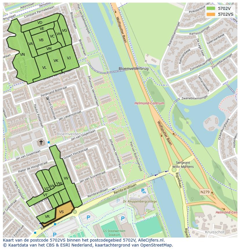 Afbeelding van het postcodegebied 5702 VS op de kaart.