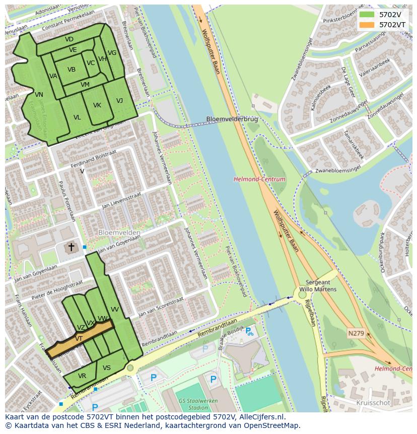 Afbeelding van het postcodegebied 5702 VT op de kaart.