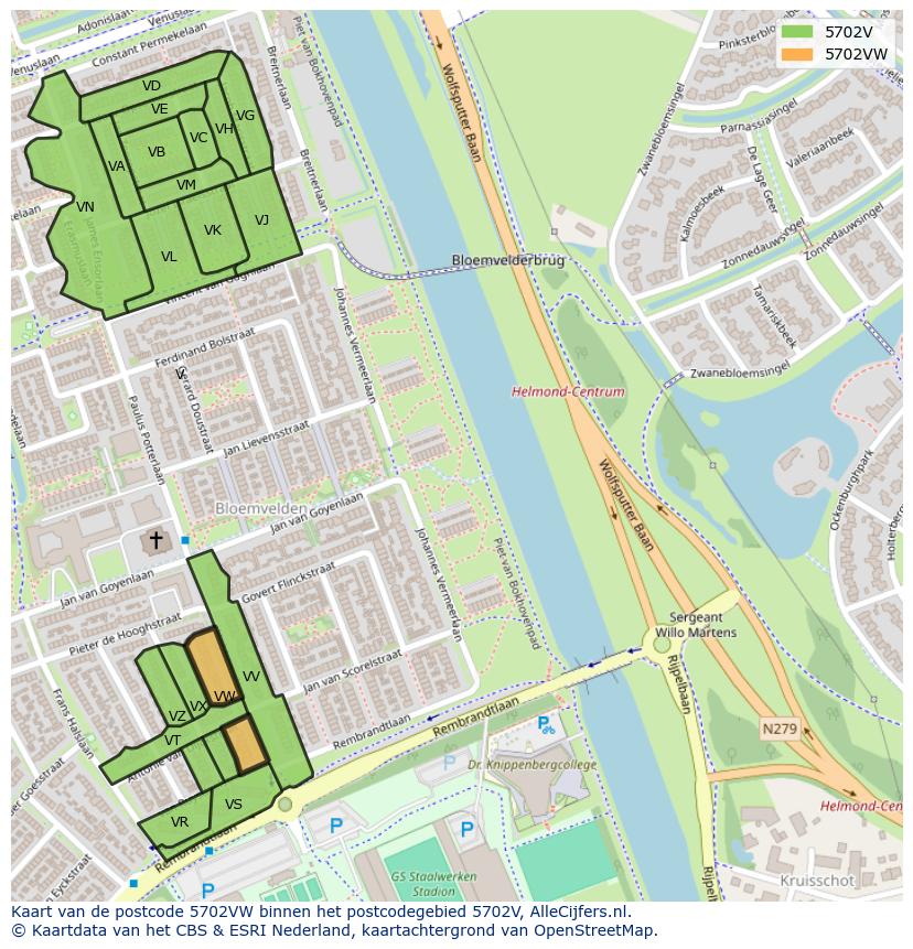 Afbeelding van het postcodegebied 5702 VW op de kaart.