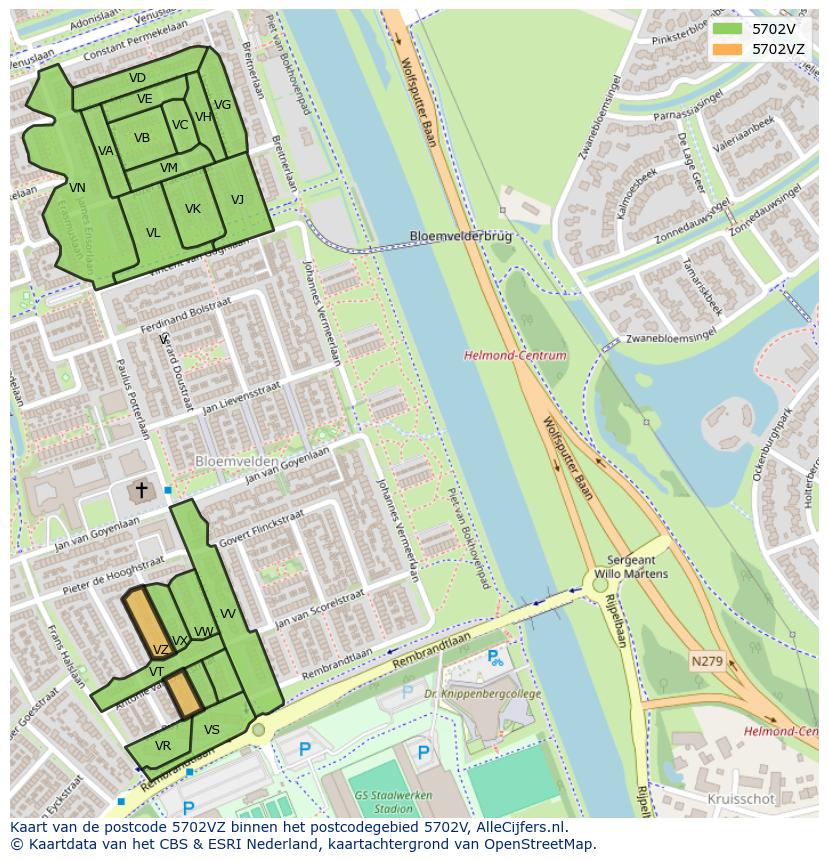 Afbeelding van het postcodegebied 5702 VZ op de kaart.