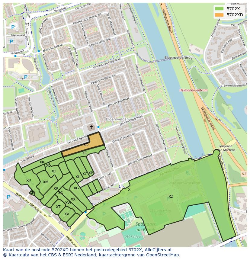 Afbeelding van het postcodegebied 5702 XD op de kaart.