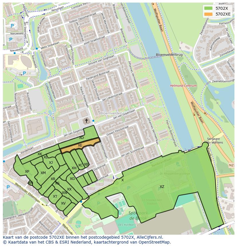 Afbeelding van het postcodegebied 5702 XE op de kaart.