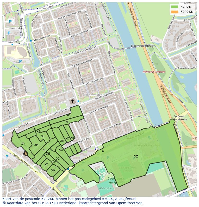 Afbeelding van het postcodegebied 5702 XN op de kaart.