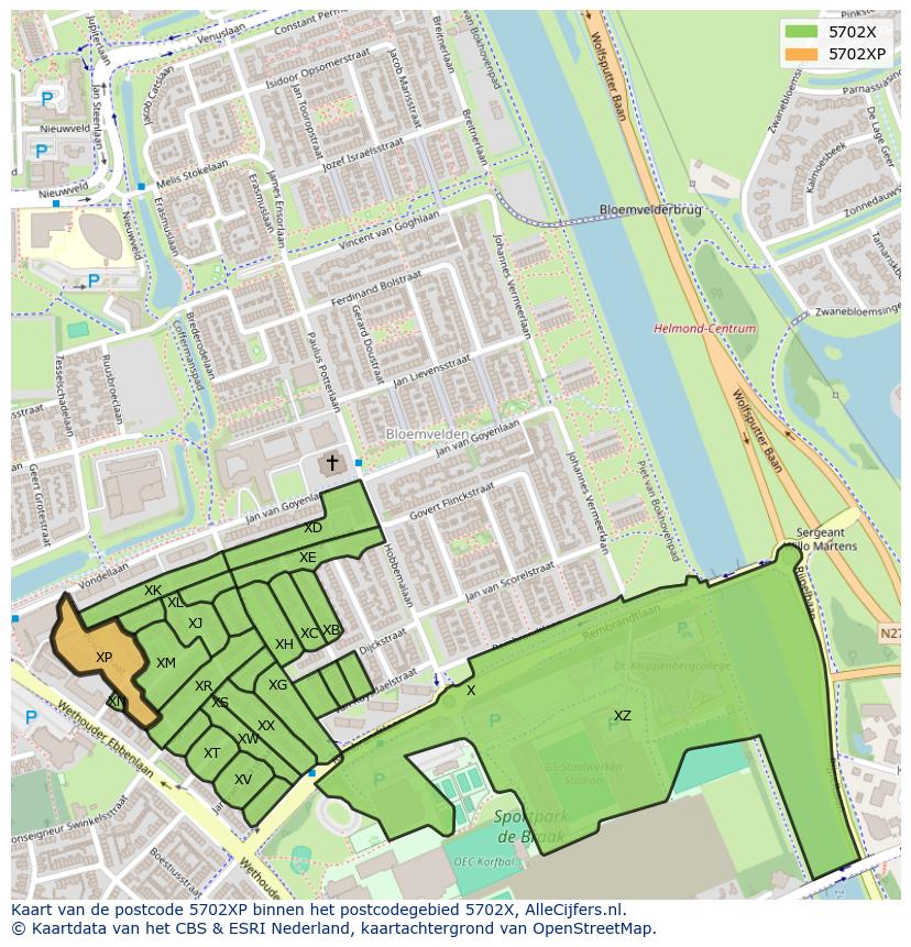 Afbeelding van het postcodegebied 5702 XP op de kaart.