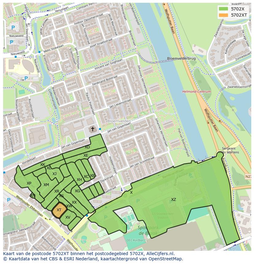 Afbeelding van het postcodegebied 5702 XT op de kaart.