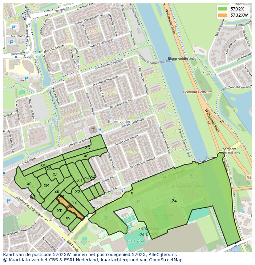 Afbeelding van het postcodegebied 5702 XW op de kaart.