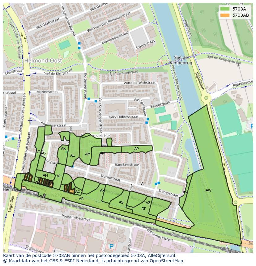 Afbeelding van het postcodegebied 5703 AB op de kaart.