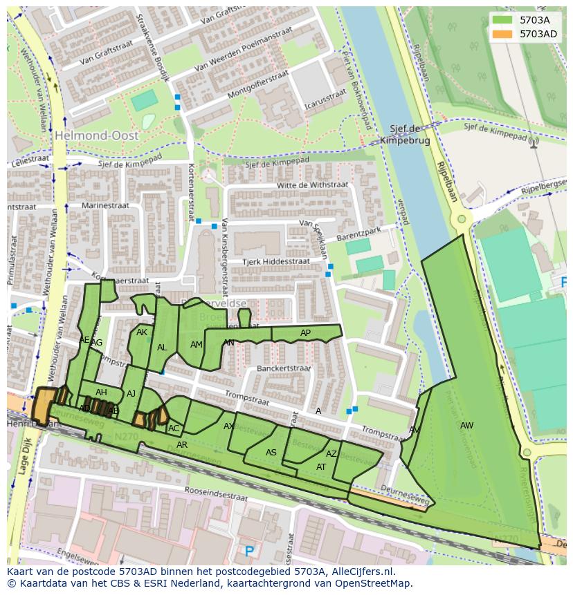 Afbeelding van het postcodegebied 5703 AD op de kaart.