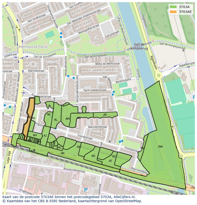 Afbeelding van het postcodegebied 5703 AE op de kaart.