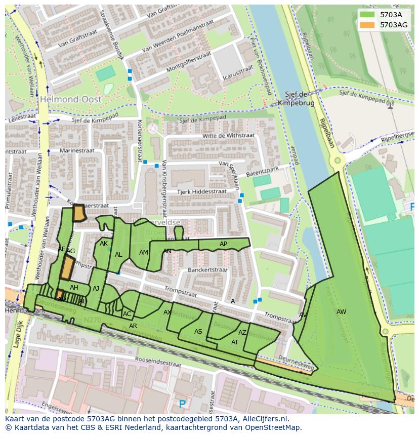 Afbeelding van het postcodegebied 5703 AG op de kaart.