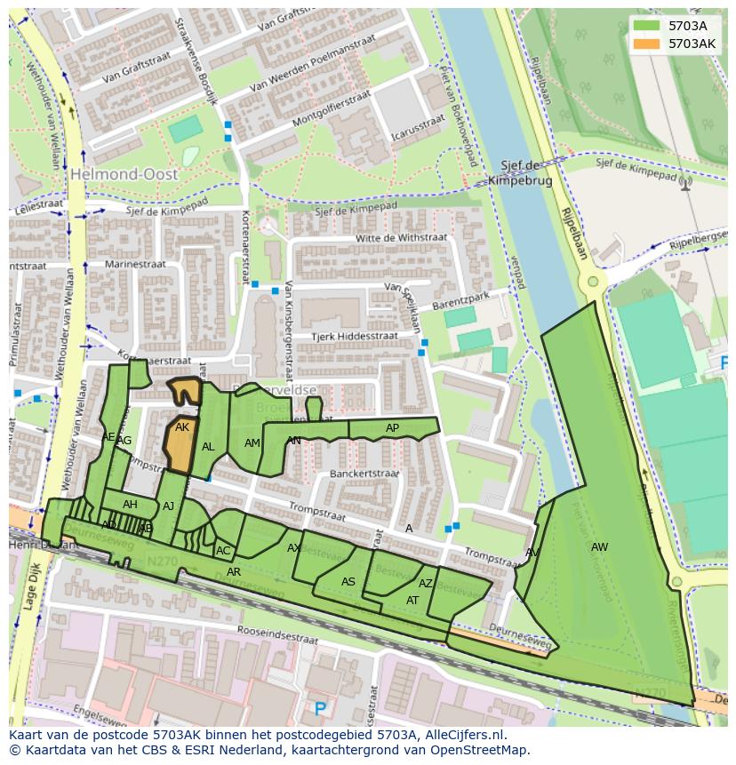 Afbeelding van het postcodegebied 5703 AK op de kaart.