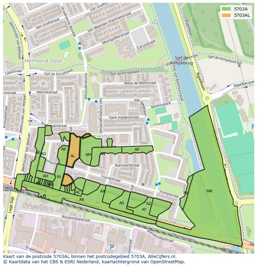 Afbeelding van het postcodegebied 5703 AL op de kaart.