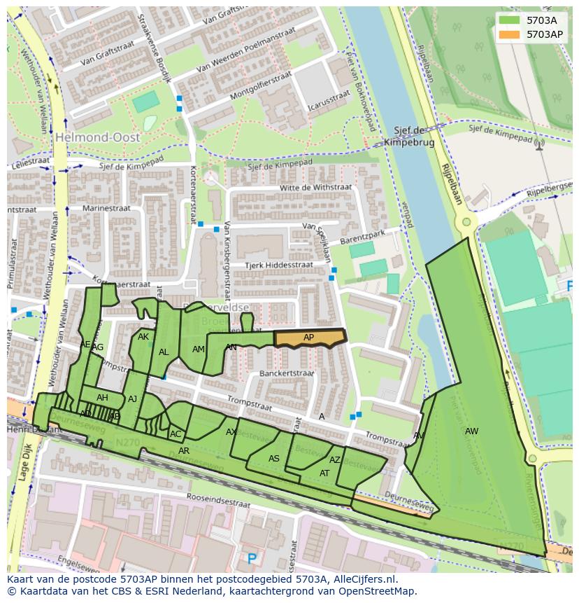 Afbeelding van het postcodegebied 5703 AP op de kaart.