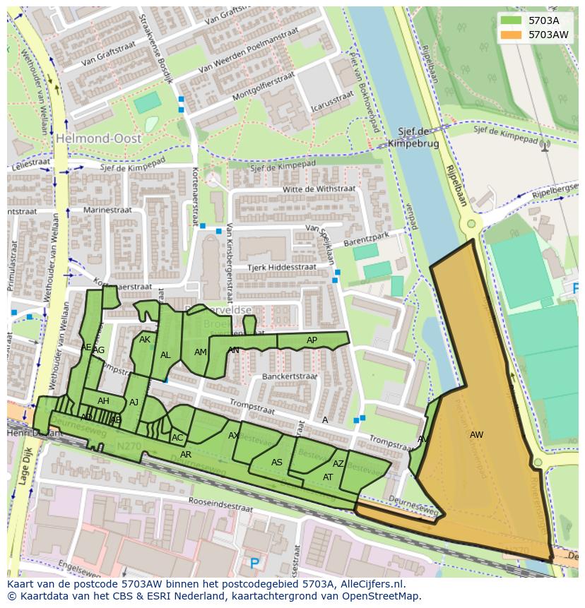 Afbeelding van het postcodegebied 5703 AW op de kaart.
