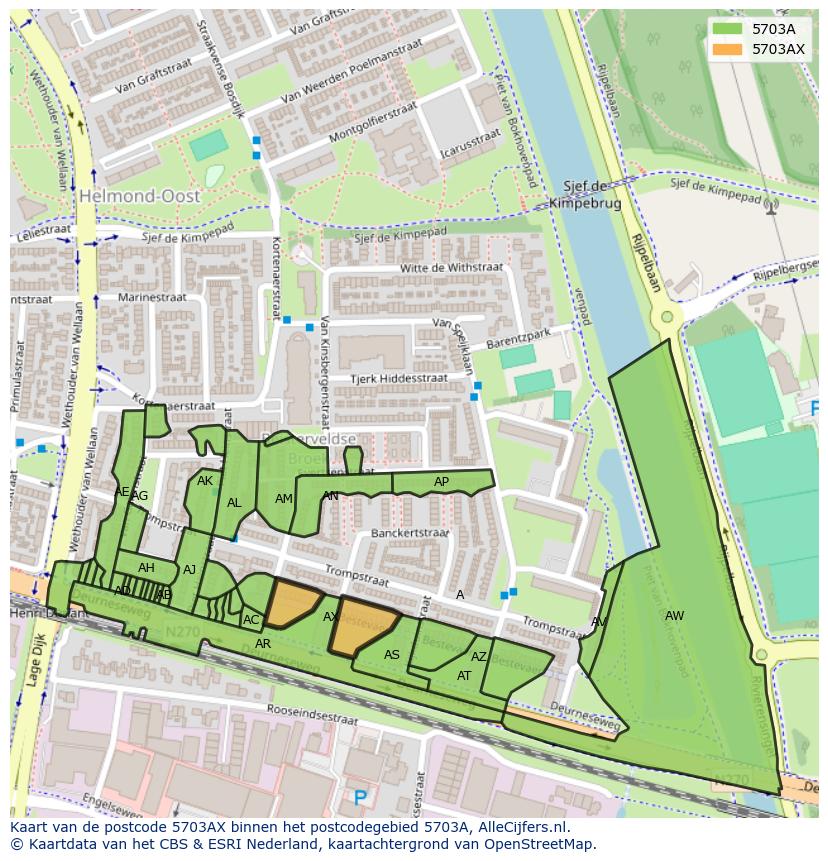 Afbeelding van het postcodegebied 5703 AX op de kaart.