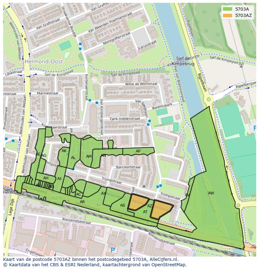 Afbeelding van het postcodegebied 5703 AZ op de kaart.