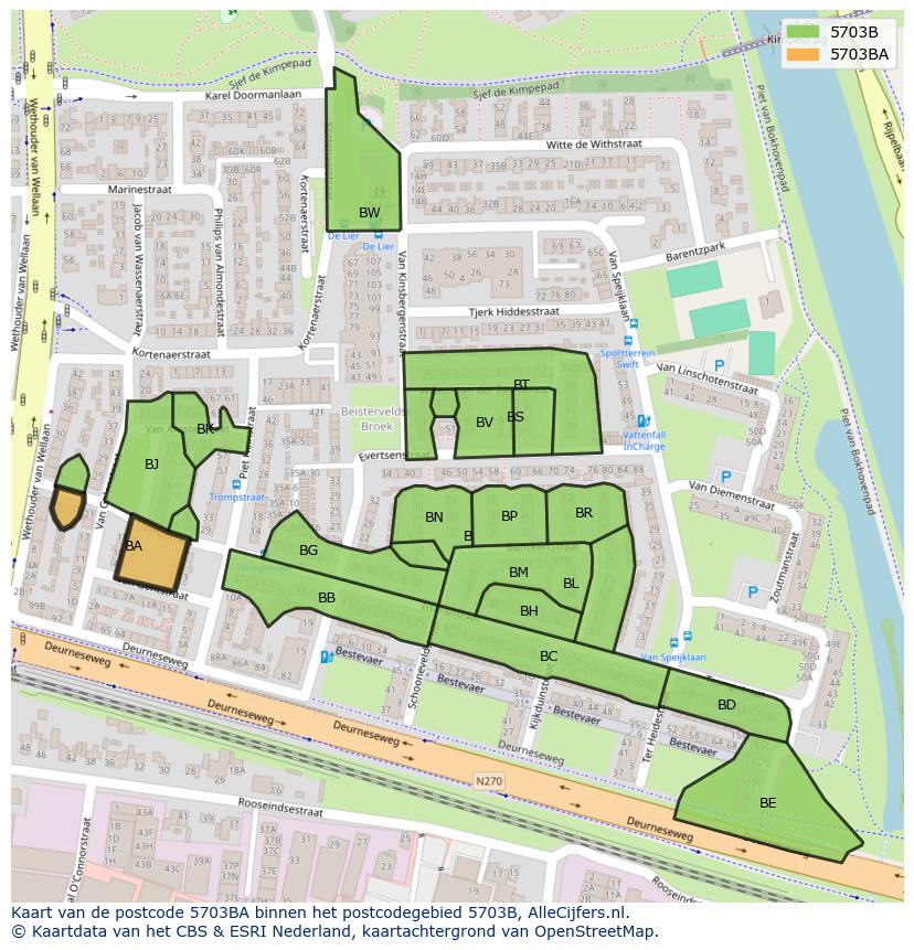 Afbeelding van het postcodegebied 5703 BA op de kaart.