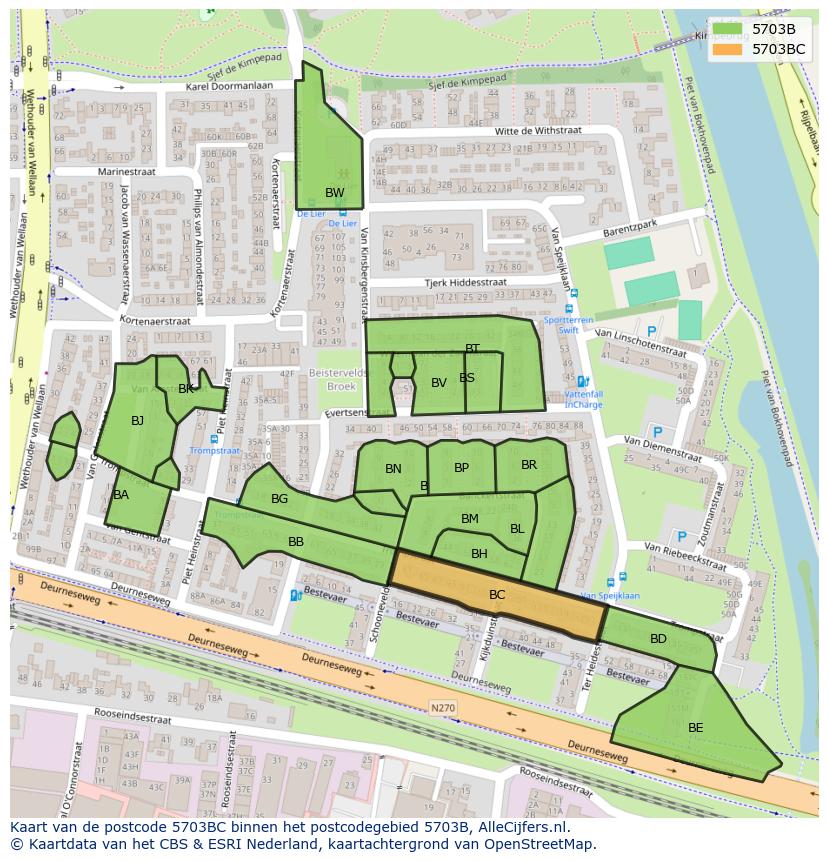 Afbeelding van het postcodegebied 5703 BC op de kaart.