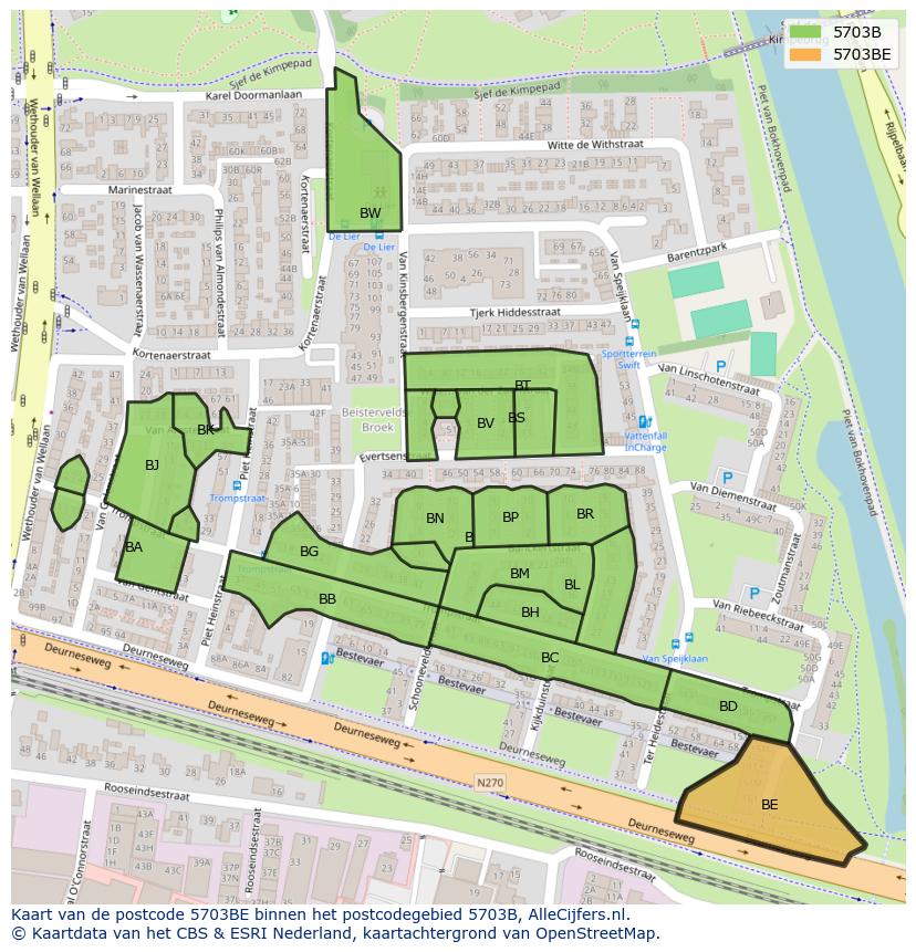 Afbeelding van het postcodegebied 5703 BE op de kaart.